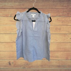 NEW Design History Blue and White Ruffle Accent Blouse, XL